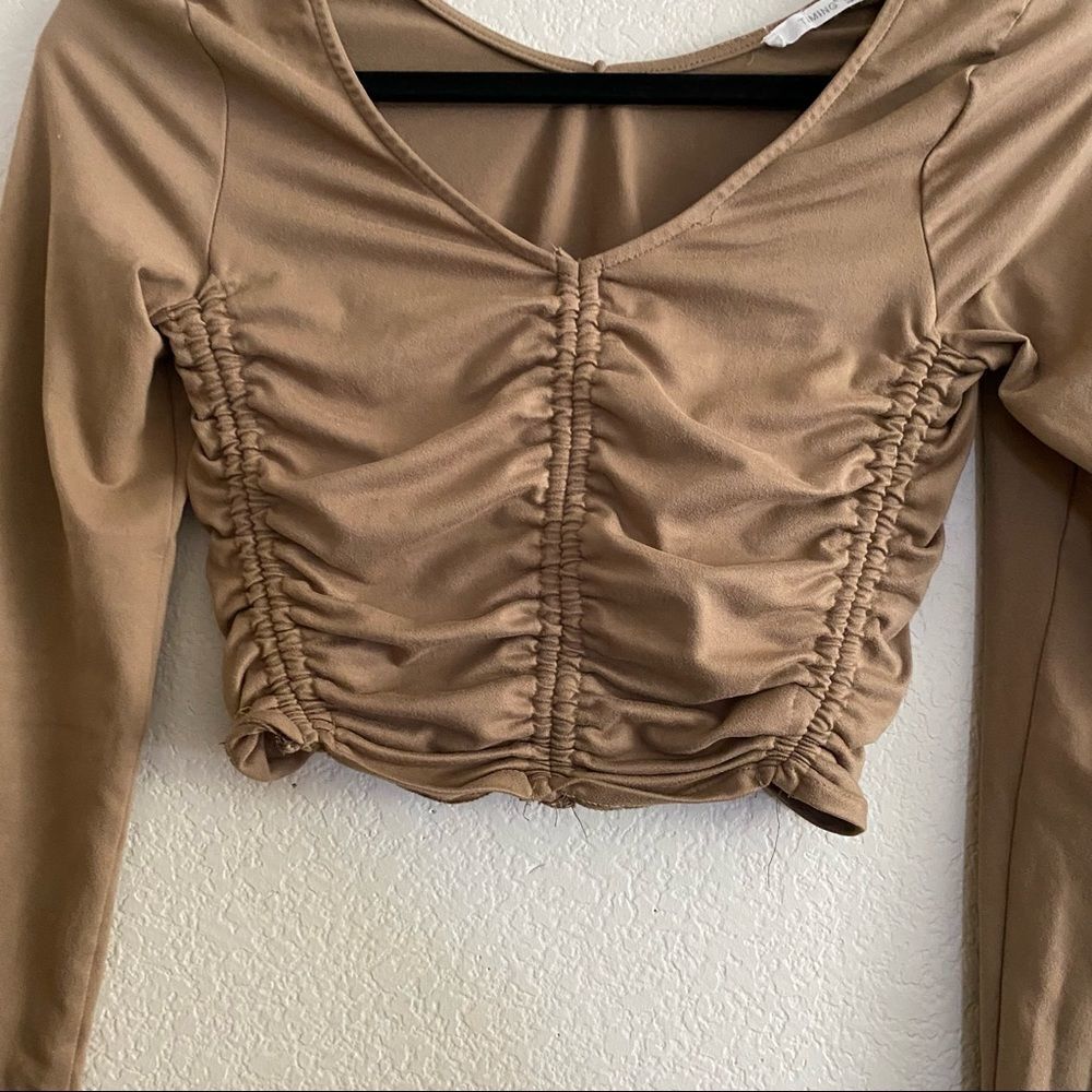 Tan Cropped Ruched Long Sleeve Going Out Top - Picture 5 of 7